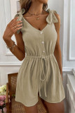 Casual Simplicity Solid Draw String Frenulum Buttons V Neck Loose Rompers