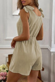 Casual Simplicity Solid Draw String Frenulum Buttons V Neck Loose Rompers