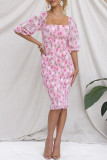 Sweet Elegant Floral Patchwork Square Collar Pencil Skirt Dresses