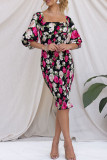 Sweet Elegant Floral Patchwork Square Collar Pencil Skirt Dresses