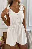 Casual Simplicity Solid Draw String Frenulum Buttons V Neck Loose Rompers