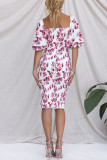 Sweet Elegant Floral Patchwork Square Collar Pencil Skirt Dresses