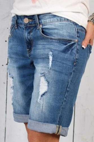Casual Solid Ripped Make Old Straight Denim Shorts