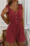 Casual Simplicity Solid Draw String Frenulum Buttons V Neck Loose Rompers