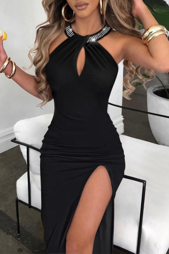 Sexy Elegant Solid Slit Hot Drill Halter Princess Dresses