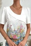 Plus Size Work Elegant Print Patchwork Asymmetrical Collar T-Shirts