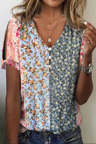 Casual College Floral Patchwork Buttons V Neck T-Shirts