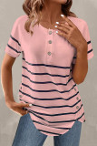 Casual Daily Striped Patchwork Buckle O Neck T-Shirts