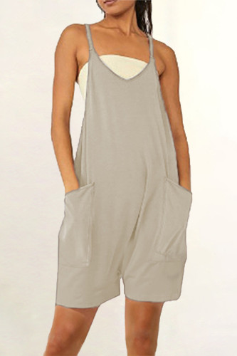 Casual Daily Solid Pocket V Neck Loose Rompers
