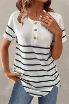Casual Daily Striped Patchwork Buckle O Neck T-Shirts