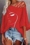 Casual Print Patchwork Oblique Collar T-Shirts