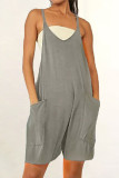 Casual Daily Solid Pocket V Neck Loose Rompers