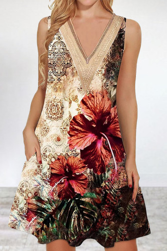 Sexy Casual Floral Lace Patchwork V Neck Vest Dress Dresses