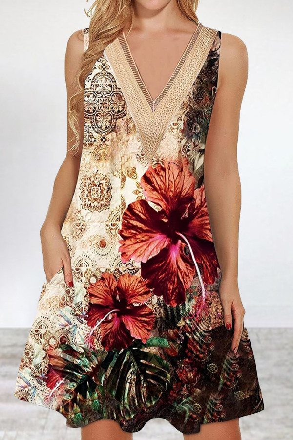 Sexy Casual Floral Lace Patchwork V Neck Vest Dress Dresses