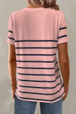 Casual Daily Striped Patchwork Buckle O Neck T-Shirts