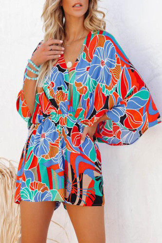 Casual Vacation Floral Backless V Neck Loose Rompers