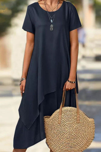 Casual Solid Asymmetrical O Neck T-shirt Dress Dresses