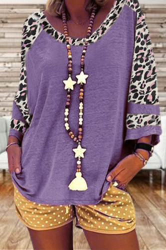 Casual College Solid Leopard Patchwork O Neck T-Shirts