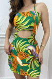 Sexy Vacation Print Frenulum Backless Square Collar Loose Rompers