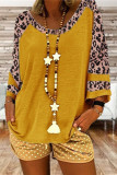 Casual College Solid Leopard Patchwork O Neck T-Shirts