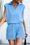 Casual Daily Solid Pocket Mandarin Collar Short Sleeve Two Pieces