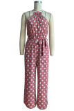 Casual Sweet Polka Dot Bandage Pocket Halter Loose Jumpsuits
