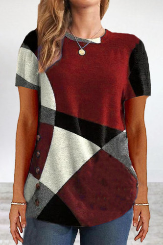 Casual Geometric Patchwork O Neck T-Shirts
