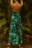 College Vacation Floral Backless Slit V Neck Beach Dress Dresses