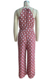 Casual Sweet Polka Dot Bandage Pocket Halter Loose Jumpsuits