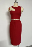 Sexy Simplicity Solid Hollowed Out O Neck Sleeveless Two Pieces