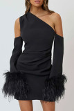 Sexy Simplicity Solid Tassel Feathers One Shoulder Wrapped Skirt Dresses