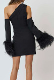 Sexy Simplicity Solid Tassel Feathers One Shoulder Wrapped Skirt Dresses