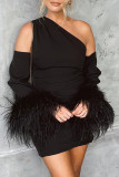 Sexy Simplicity Solid Tassel Feathers One Shoulder Wrapped Skirt Dresses