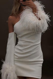 Sexy Simplicity Solid Tassel Feathers One Shoulder Wrapped Skirt Dresses