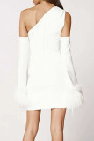 Sexy Simplicity Solid Tassel Feathers One Shoulder Wrapped Skirt Dresses