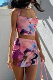 Sexy Print Bandage Backless Halter Sleeveless Two Pieces