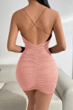 Sexy Solid Bandage Chains Backless V Neck One Step Skirt Dresses