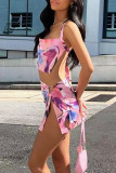 Sexy Print Bandage Backless Halter Sleeveless Two Pieces