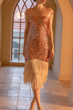 Celebrities Formal Solid Tassel Sequins Mesh Zipper O Neck Evening Dress Dresses