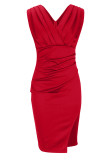 Celebrities Elegant Solid Slit Fold V Neck Evening Dress Dresses