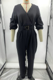 Sweet Simplicity Solid Pocket With Belt V Neck Regular Jumpsuits