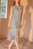 Celebrities Formal Solid Tassel Sequins Mesh Zipper O Neck Evening Dress Dresses
