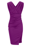 Celebrities Elegant Solid Slit Fold V Neck Evening Dress Dresses