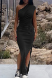 Casual Solid Slit Fold Oblique Collar Dresses