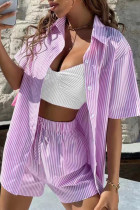 Casual Sportswear Striped Patchwork Turndown Collar Short Sleeve Two Pieces