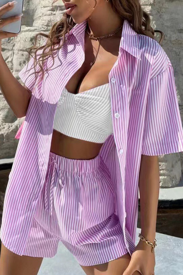 Casual Sportswear Striped Patchwork Turndown Collar Short Sleeve Two Pieces