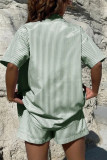 Casual Sportswear Striped Patchwork Turndown Collar Short Sleeve Two Pieces