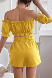 Casual Sweet Solid Pocket Off the Shoulder Short Sleeve Two Pieces