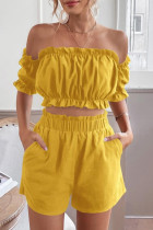 Casual Sweet Solid Pocket Off the Shoulder Short Sleeve Two Pieces