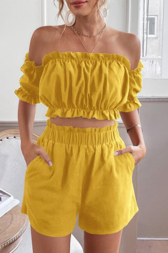 Casual Sweet Solid Pocket Off the Shoulder Short Sleeve Two Pieces